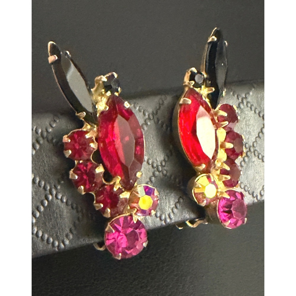 Vintage Juliana Earrings Rhinestone Clip Ons Red Pink Black D&E